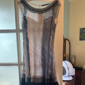 Komorov feathery chiffon dress with jeweled neck